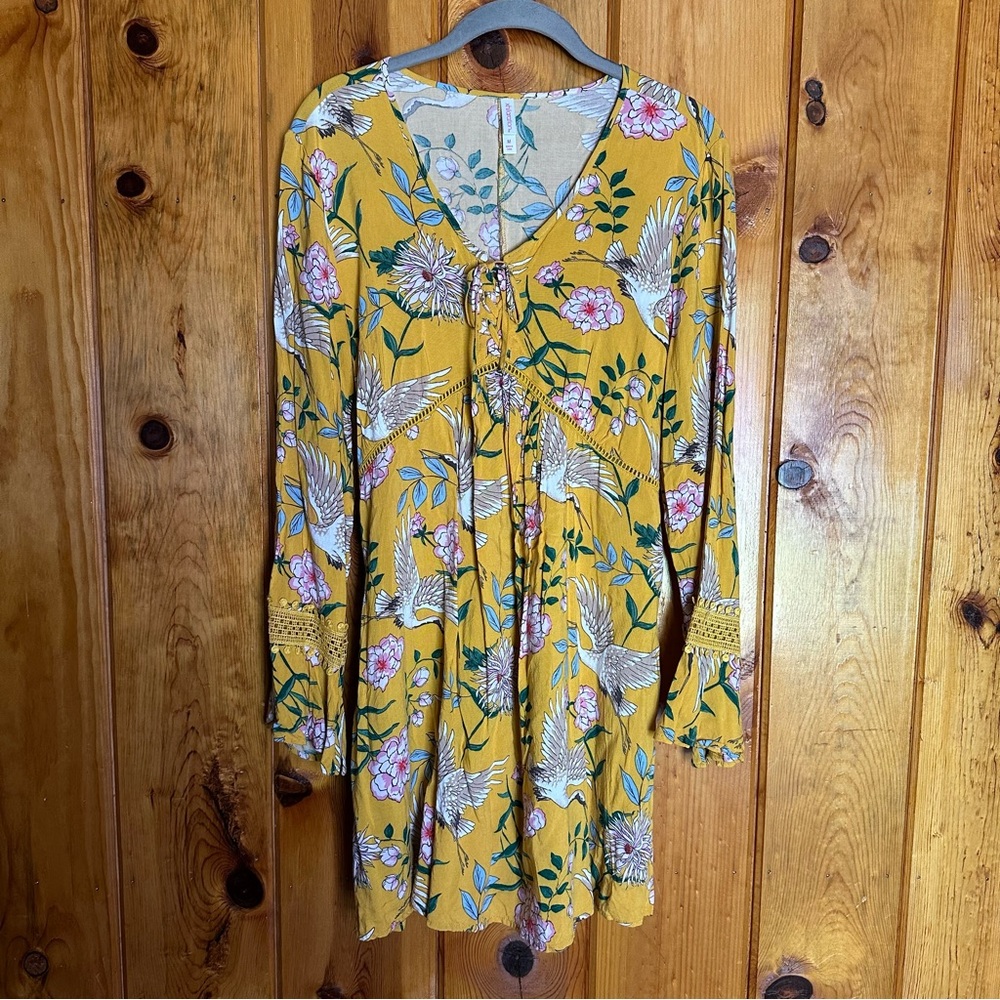 Xhilaration Floral Yellow Dress with Bird Print